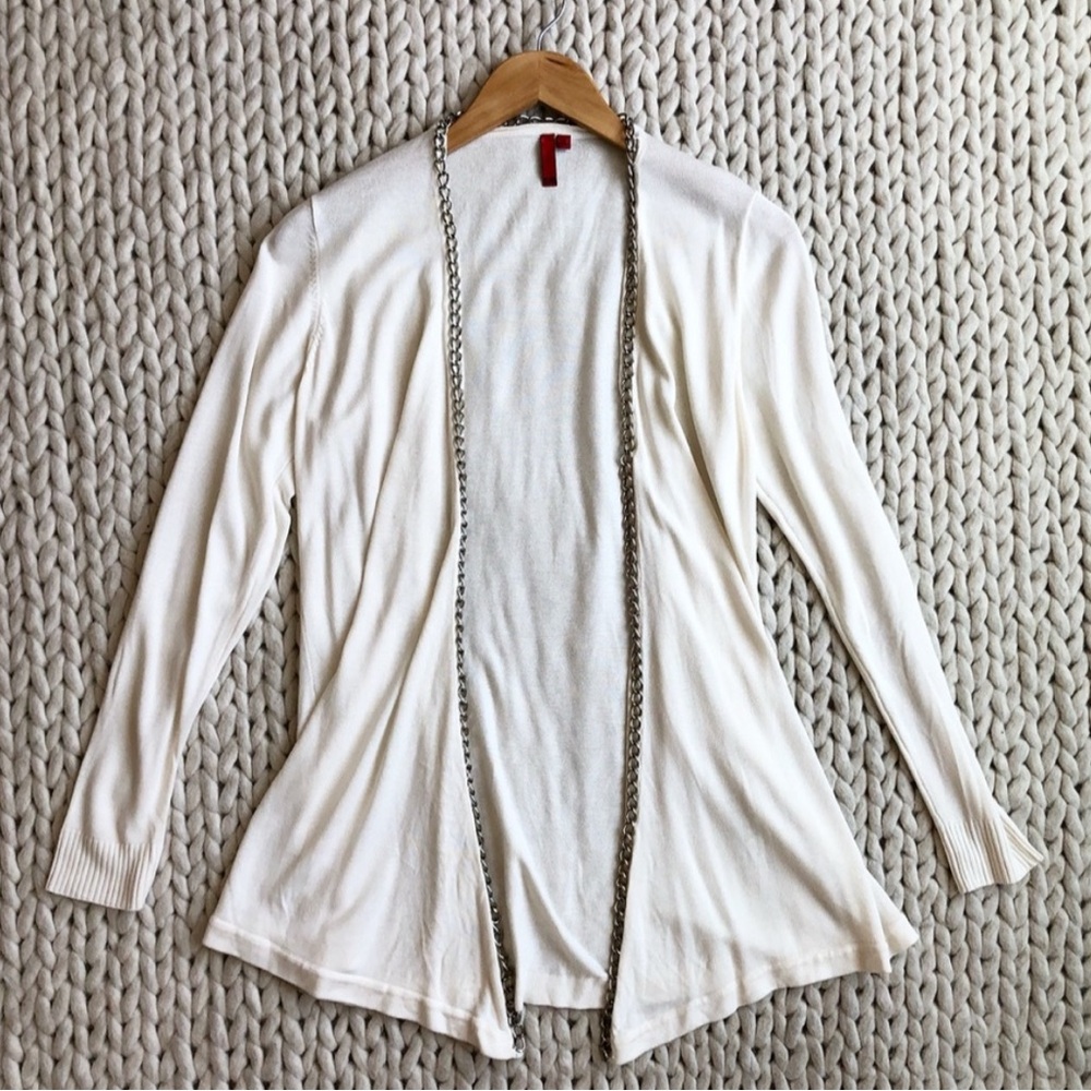 548 Ivory White Open Knit Cardigan Sweater Chain Link Trim Lightweight Medium